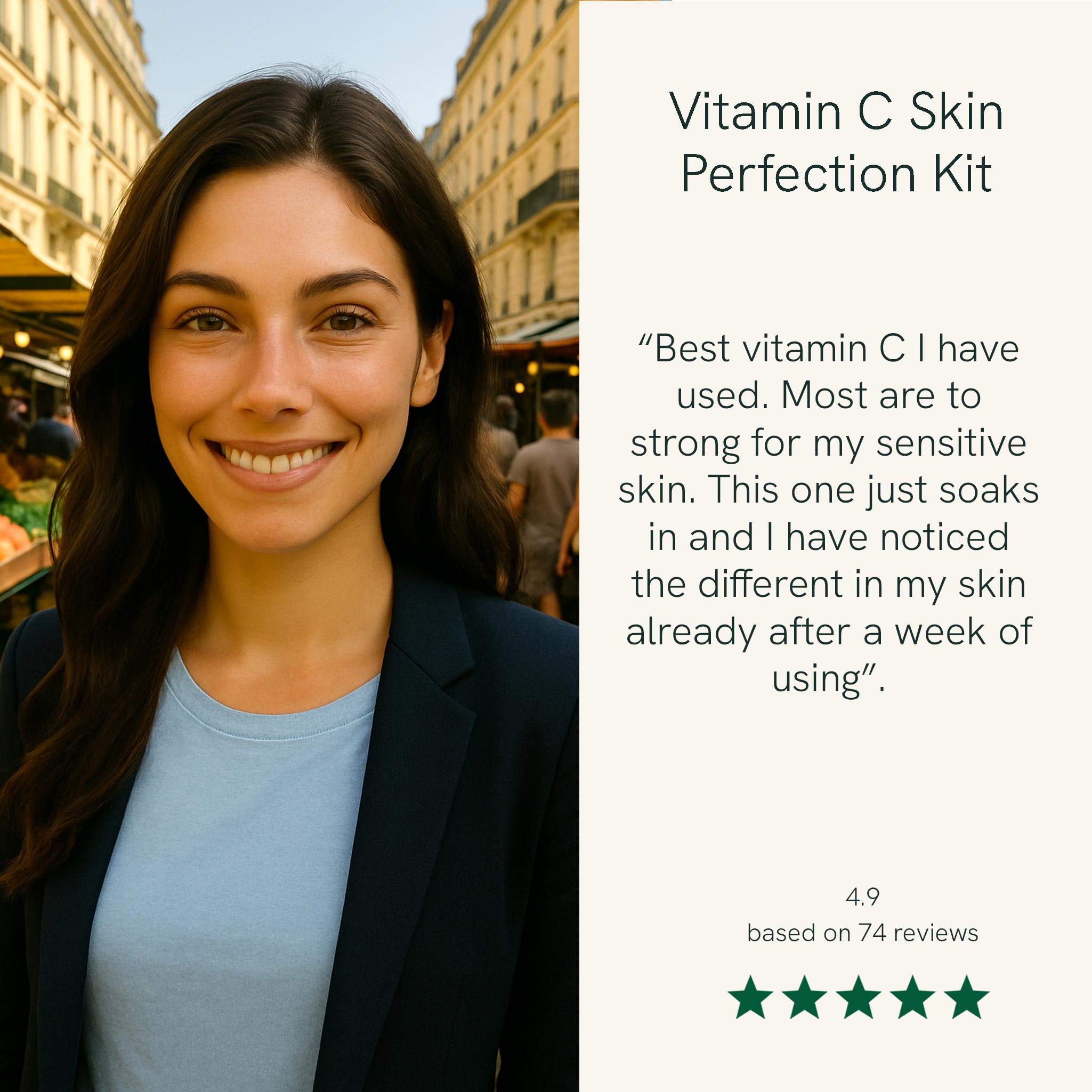 Woman smiling outdoors with text about a Vitamin C Skin Perfection Kit