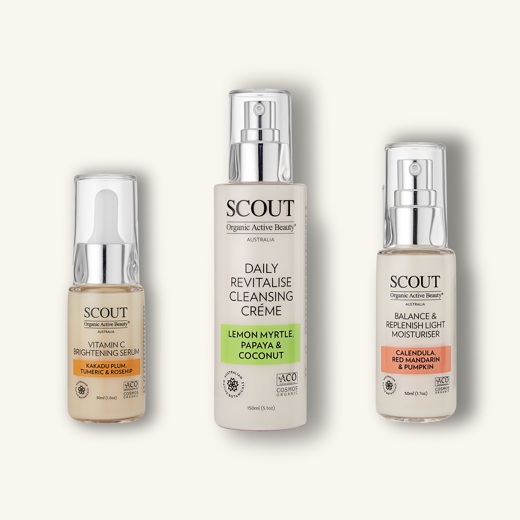 Anti-Pollution Defence Trio featuring cleansing crème, vitamin C serum, and moisturiser with organic ingredients.