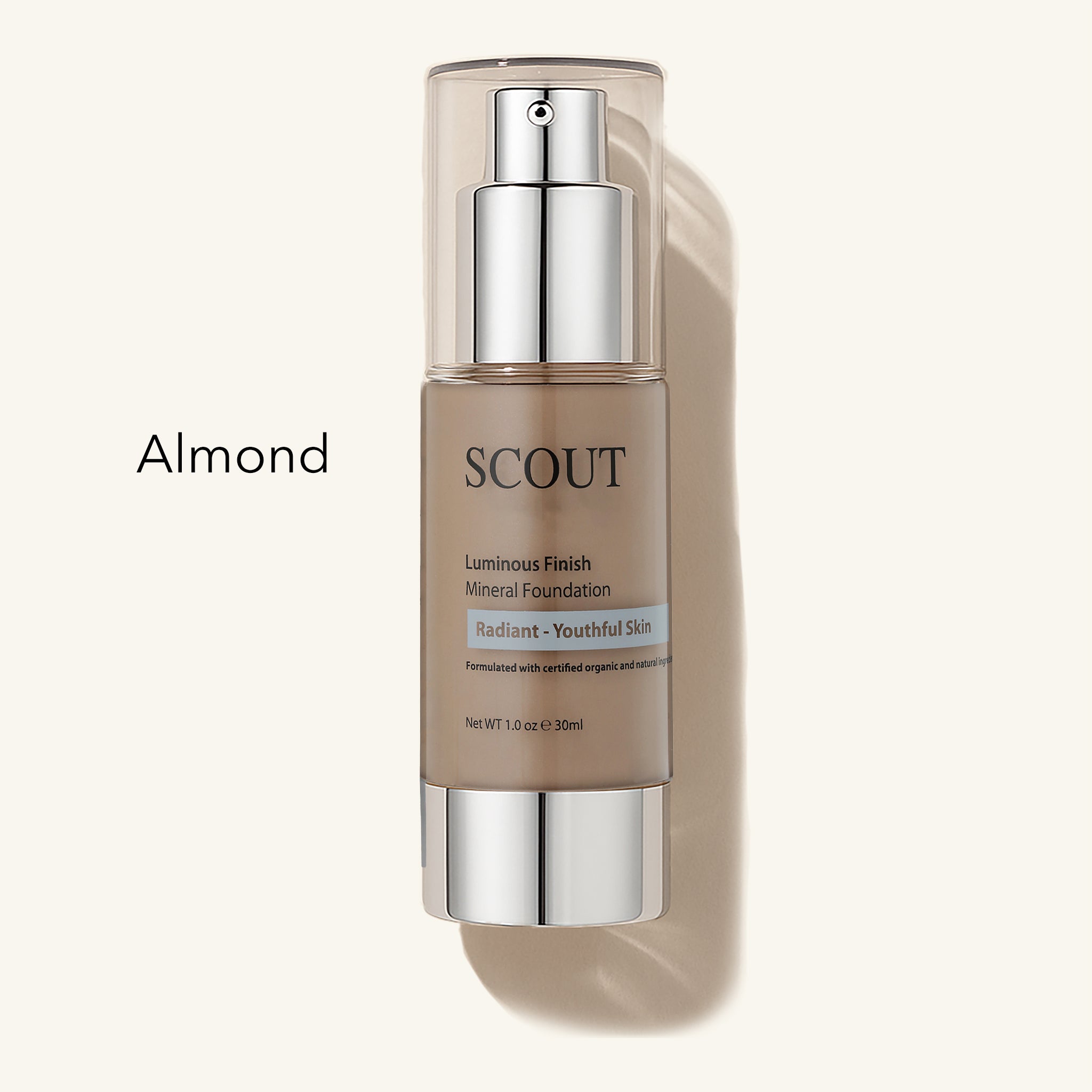 SCOUT Organic Healthy Glow Fluid Foundation with Rose & Grapefruit bottle with 'Almond' color swatch on a white background