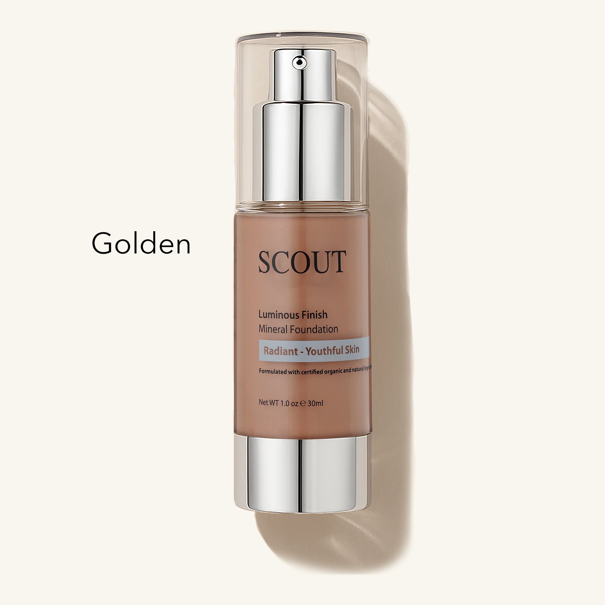 SCOUT Organic Healthy Glow Fluid Foundation with Rose & Grapefruit bottle with 'Golden' shade on a white background