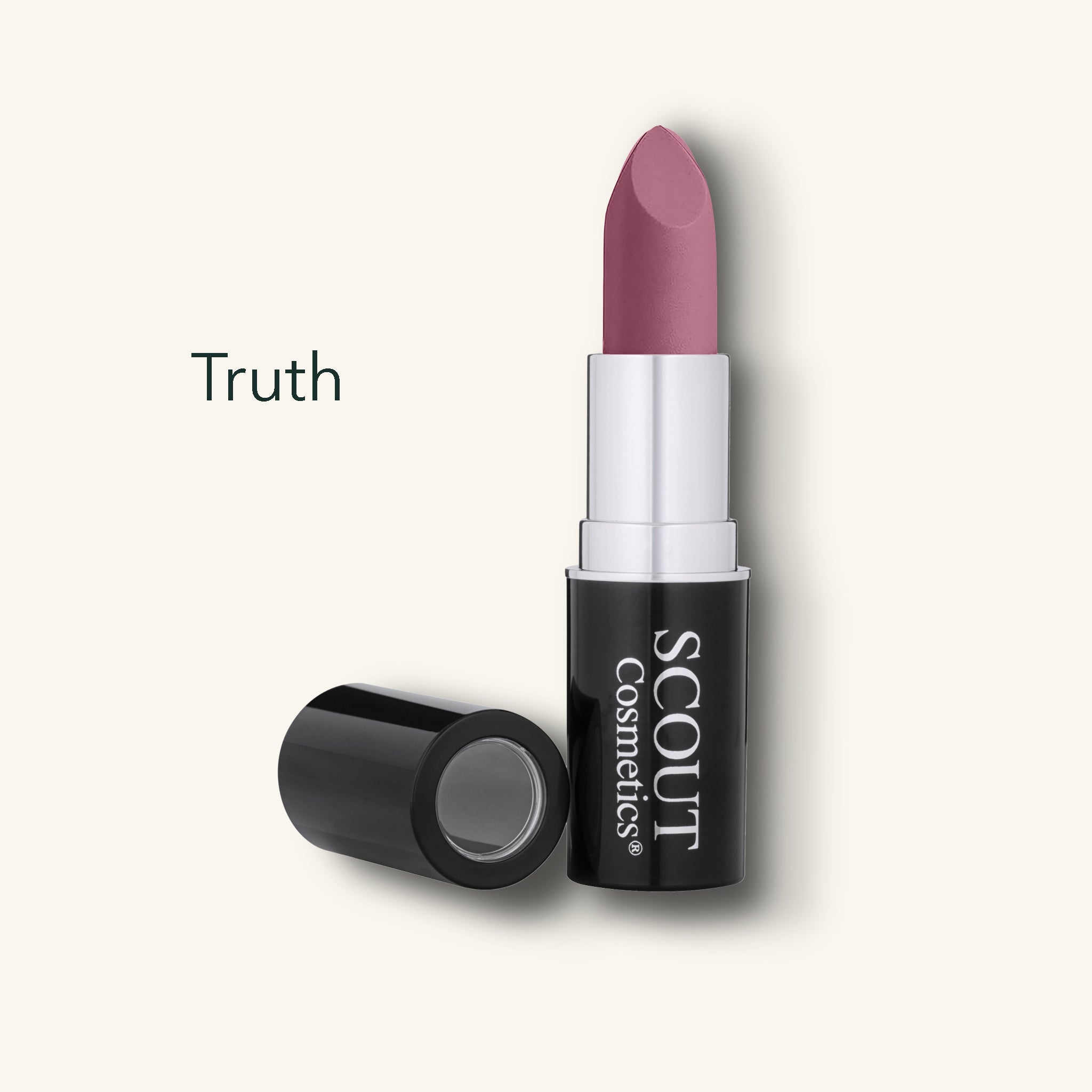 Lipstick with black case on a white background, labeled 'Truth' by Scout Cosmetics.