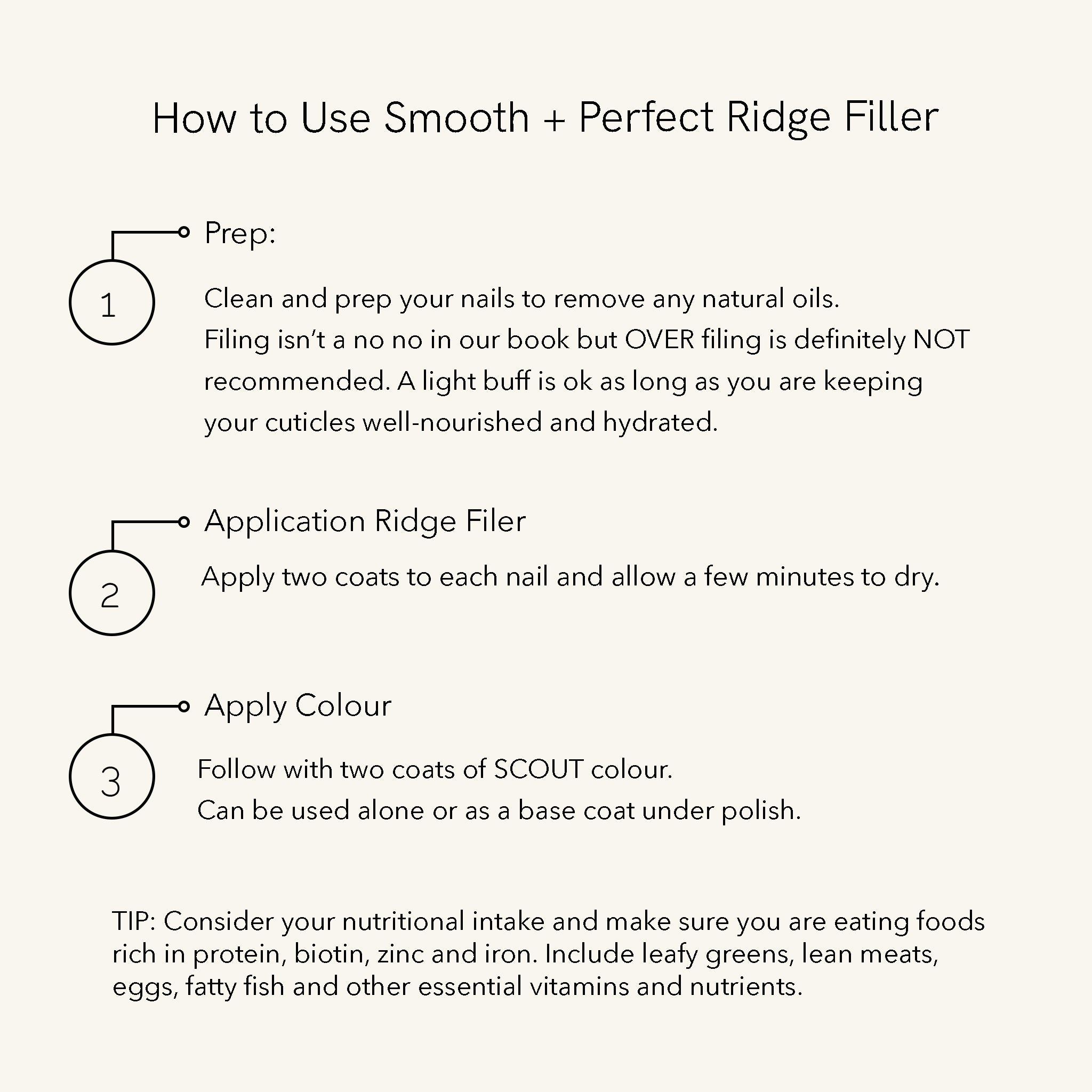 How to use SCOUT Smooth & Perfect Ridge Filler, step-by-step natural nail care guide from Australian clean beauty brand.