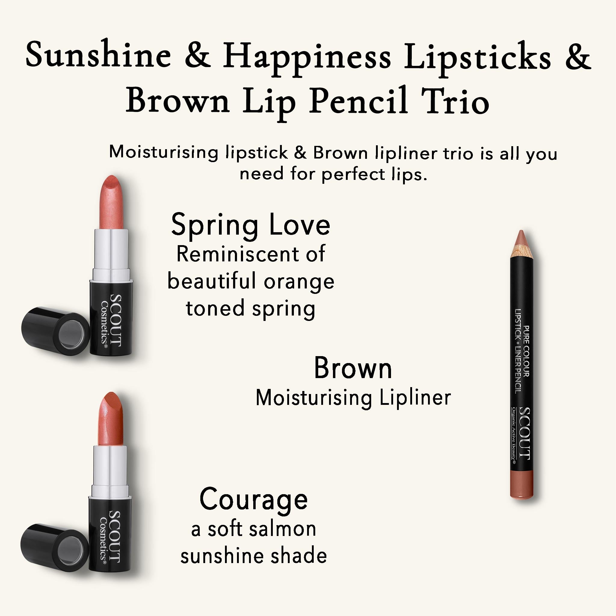 Sunshine & Happiness Lipsticks & Brown Lip Pencil Trio