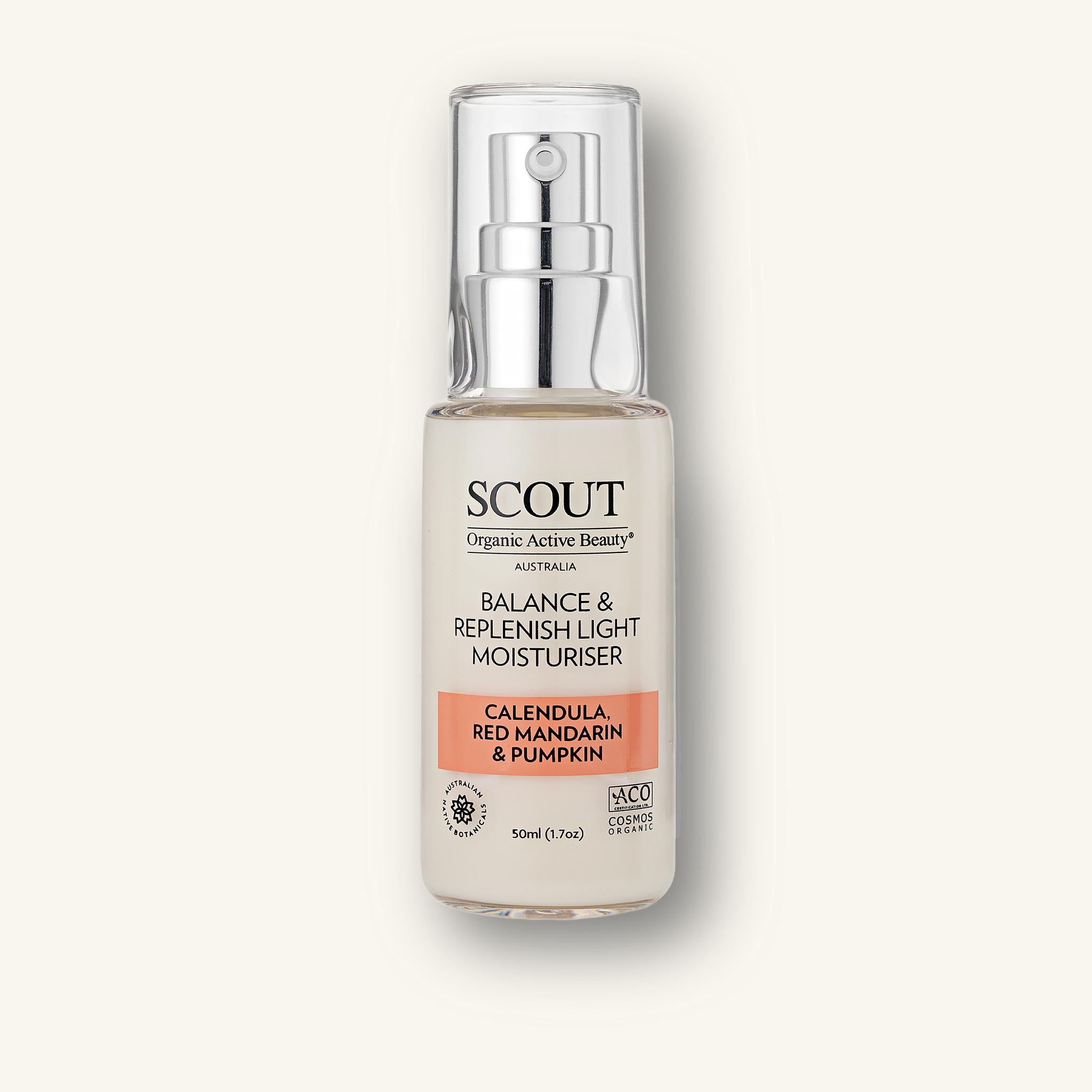 Scout balance and replenish light moisturizer bottle on a white background