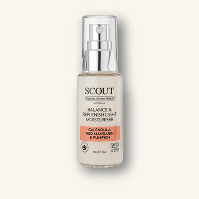 Scout balance and replenish light moisturizer bottle on a white background